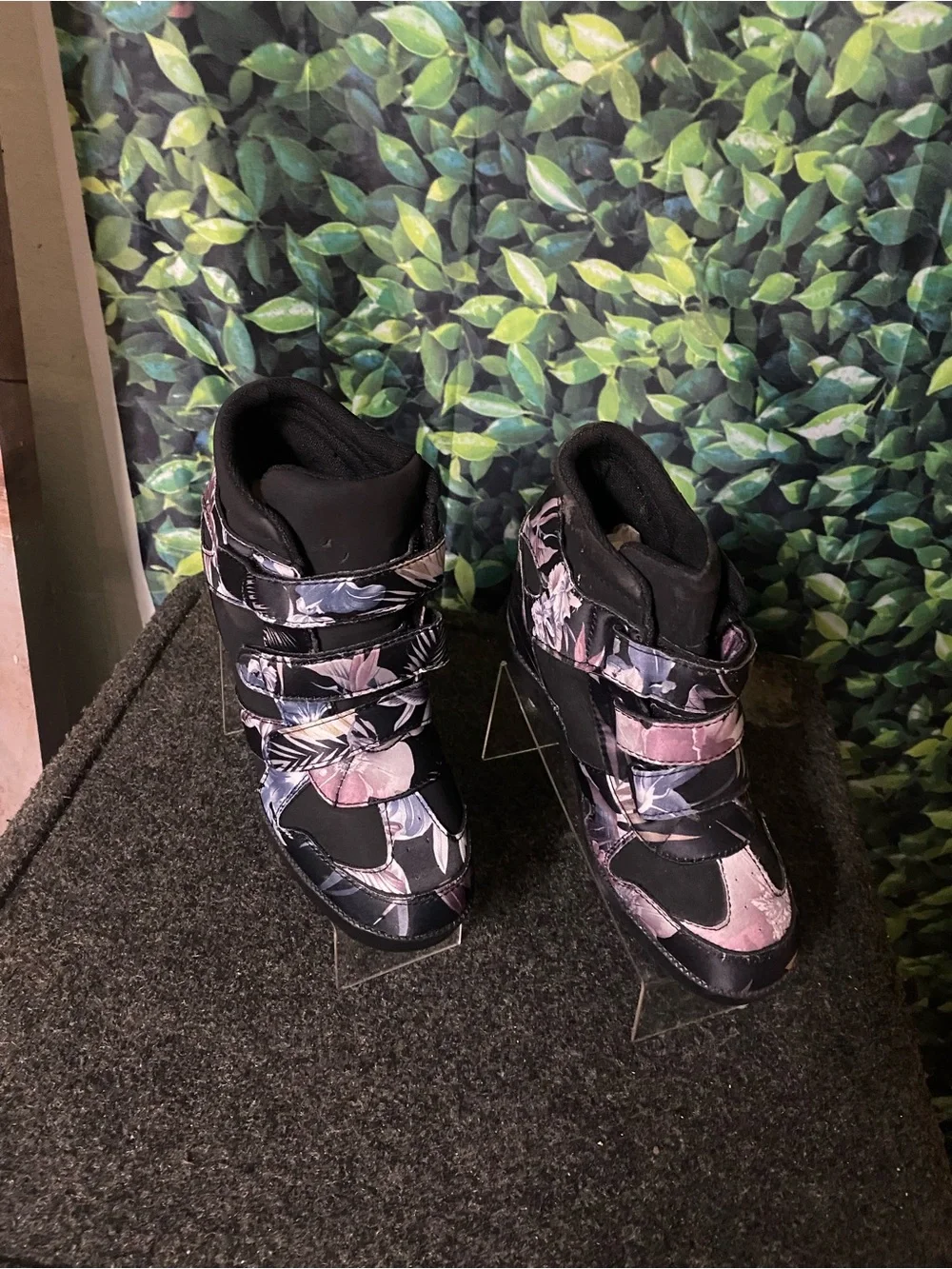 Floral High-Top Wedge Sneakers for Women - Black and Purple